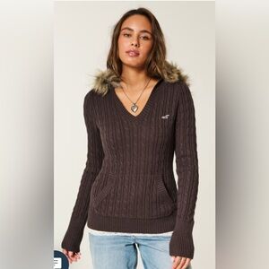 Hollister Faux Fur Trim Hooded Cable-Knit Sweater